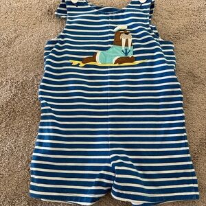 Kelly's Kids Blue and White Striped Walrus Applique Romper/Jon Jon